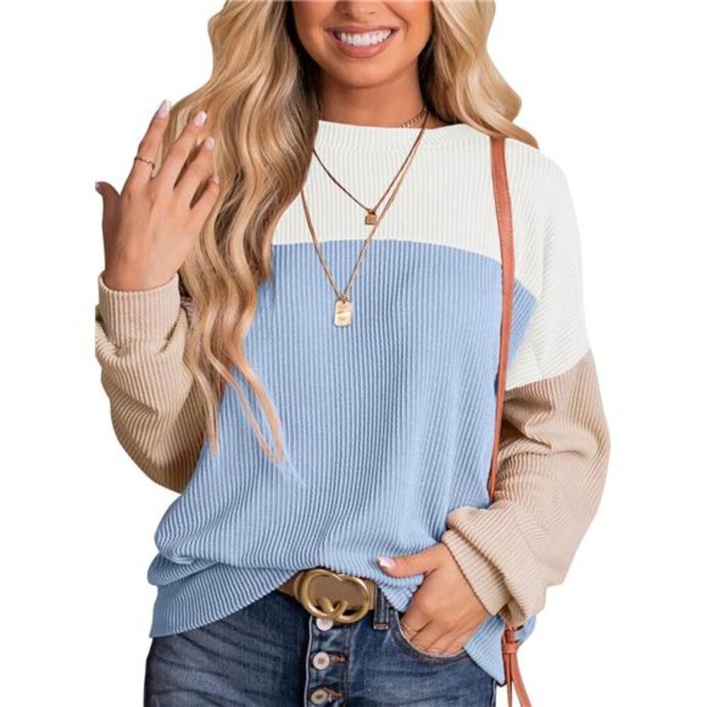 Striped Knit Pullover – Women’s Color Block Sweater, Long Sleeve Loose Fit